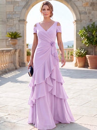 A-Line Mother Of The Bride Dresses Elegant Chiffon Floor-Length Short Sleeves V-Neck Off-The-Shoulder Tiered Ruffles Ruched 3D Flower Zipper