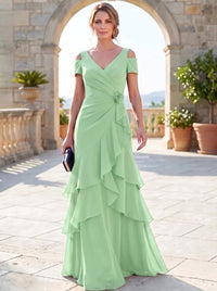 A-Line Mother Of The Bride Dresses Elegant Chiffon Floor-Length Short Sleeves V-Neck Off-The-Shoulder Tiered Ruffles Ruched 3D Flower Zipper