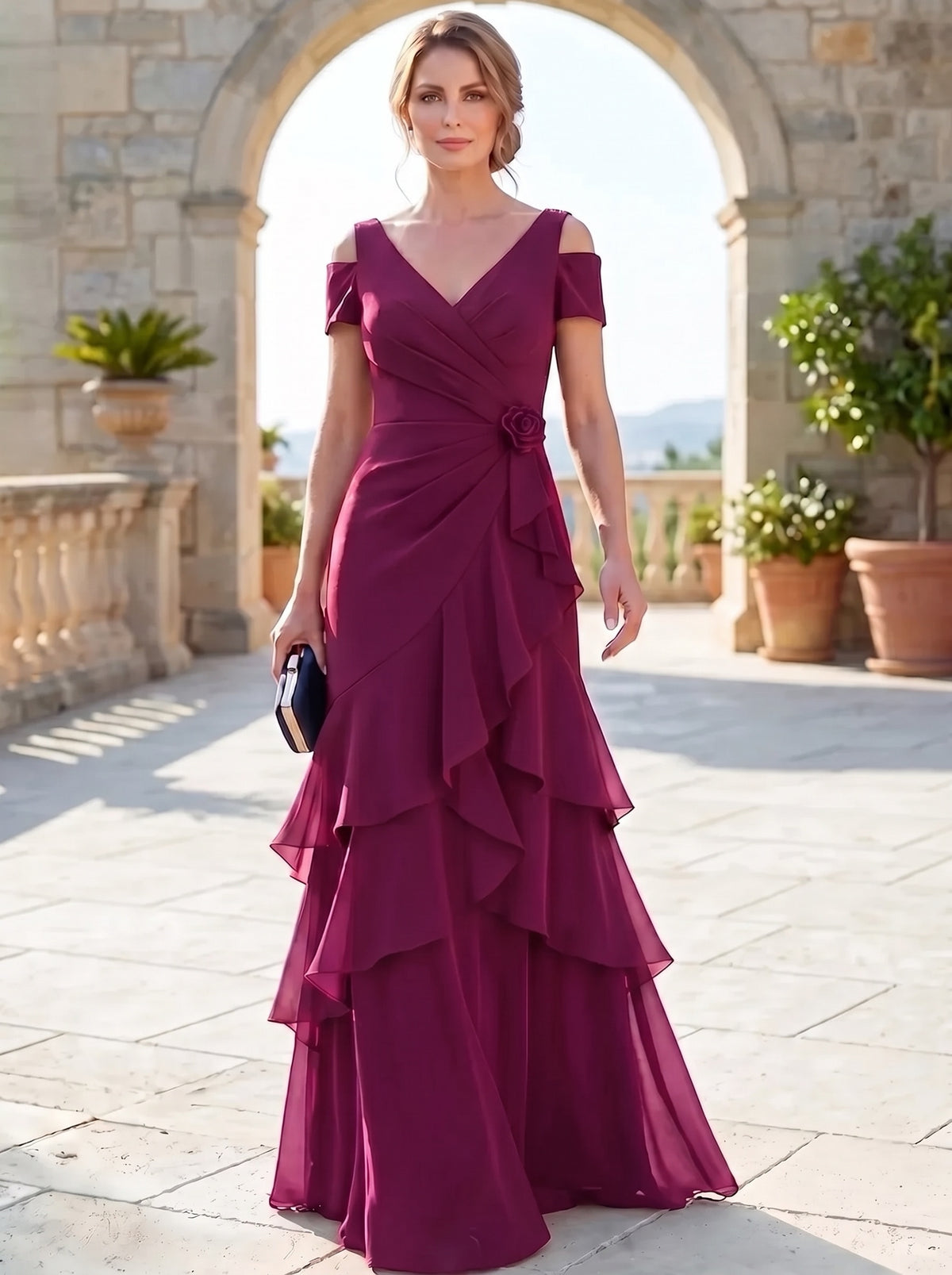 A-Line Mother Of The Bride Dresses Elegant Chiffon Floor-Length Short Sleeves V-Neck Off-The-Shoulder Tiered Ruffles Ruched 3D Flower Zipper