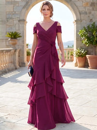A-Line Mother Of The Bride Dresses Elegant Chiffon Floor-Length Short Sleeves V-Neck Off-The-Shoulder Tiered Ruffles Ruched 3D Flower Zipper