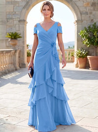 A-Line Mother Of The Bride Dresses Elegant Chiffon Floor-Length Short Sleeves V-Neck Off-The-Shoulder Tiered Ruffles Ruched 3D Flower Zipper