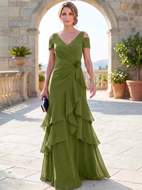 A-Line Mother Of The Bride Dresses Elegant Chiffon Floor-Length Short Sleeves V-Neck Off-The-Shoulder Tiered Ruffles Ruched 3D Flower Zipper
