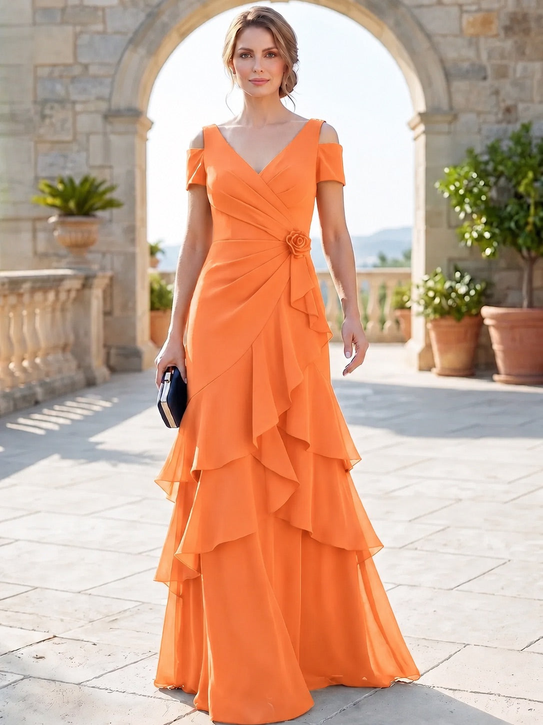 A-Line Mother Of The Bride Dresses Elegant Chiffon Floor-Length Short Sleeves V-Neck Off-The-Shoulder Tiered Ruffles Ruched 3D Flower Zipper