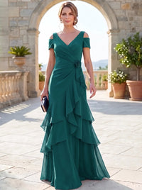 A-Line Mother Of The Bride Dresses Elegant Chiffon Floor-Length Short Sleeves V-Neck Off-The-Shoulder Tiered Ruffles Ruched 3D Flower Zipper