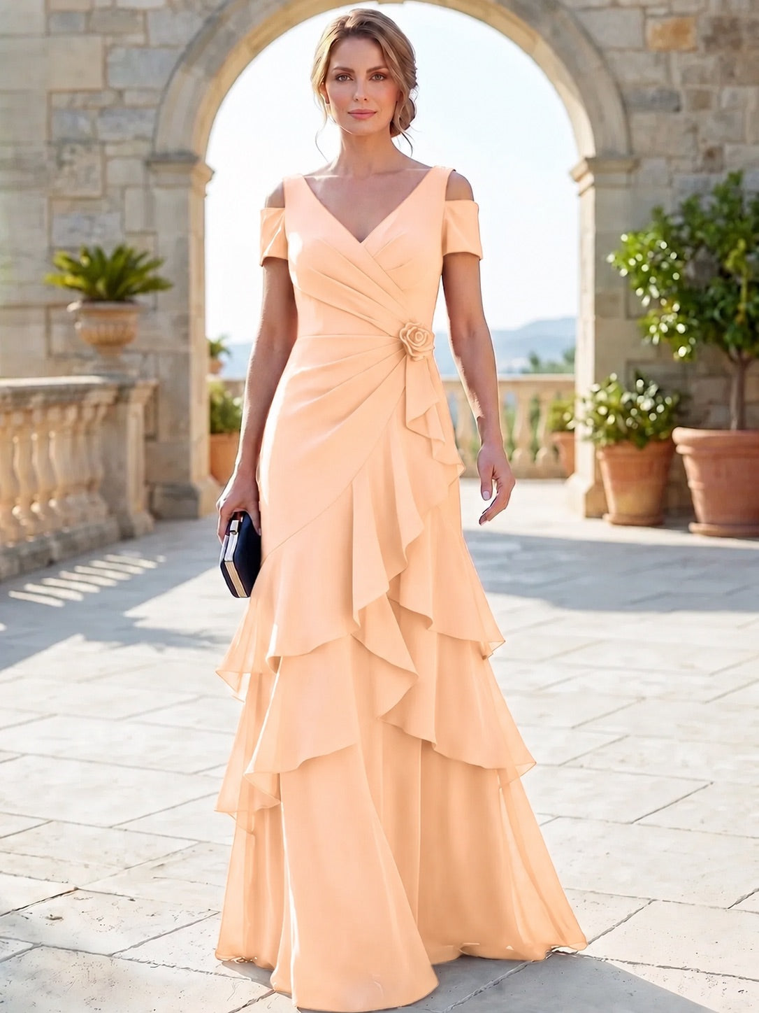 A-Line Mother Of The Bride Dresses Elegant Chiffon Floor-Length Short Sleeves V-Neck Off-The-Shoulder Tiered Ruffles Ruched 3D Flower Zipper