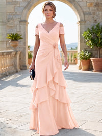 A-Line Mother Of The Bride Dresses Elegant Chiffon Floor-Length Short Sleeves V-Neck Off-The-Shoulder Tiered Ruffles Ruched 3D Flower Zipper