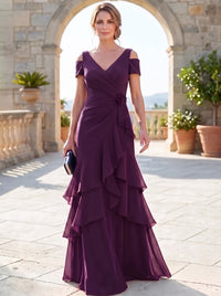 A-Line Mother Of The Bride Dresses Elegant Chiffon Floor-Length Short Sleeves V-Neck Off-The-Shoulder Tiered Ruffles Ruched 3D Flower Zipper
