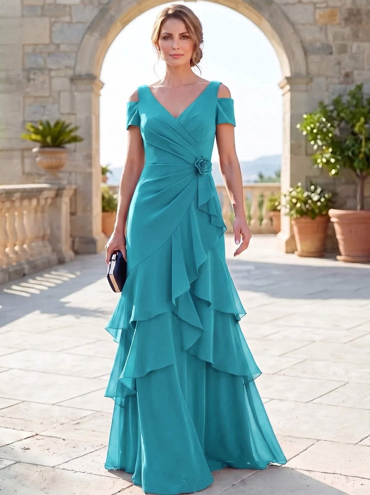 A-Line Mother Of The Bride Dresses Elegant Chiffon Floor-Length Short Sleeves V-Neck Off-The-Shoulder Tiered Ruffles Ruched 3D Flower Zipper