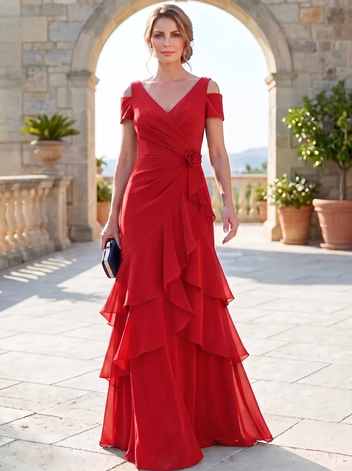 A-Line Mother Of The Bride Dresses Elegant Chiffon Floor-Length Short Sleeves V-Neck Off-The-Shoulder Tiered Ruffles Ruched 3D Flower Zipper
