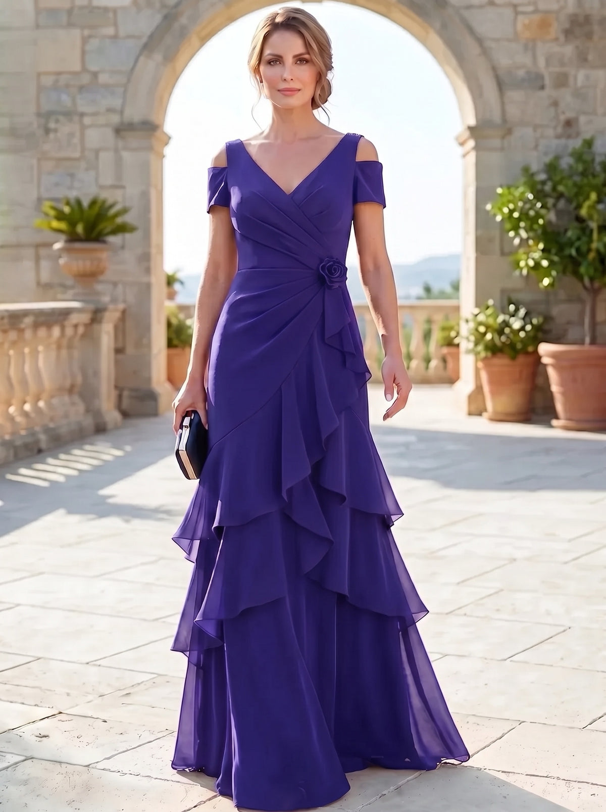 A-Line Mother Of The Bride Dresses Elegant Chiffon Floor-Length Short Sleeves V-Neck Off-The-Shoulder Tiered Ruffles Ruched 3D Flower Zipper