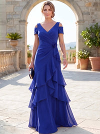 A-Line Mother Of The Bride Dresses Elegant Chiffon Floor-Length Short Sleeves V-Neck Off-The-Shoulder Tiered Ruffles Ruched 3D Flower Zipper