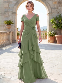 A-Line Mother Of The Bride Dresses Elegant Chiffon Floor-Length Short Sleeves V-Neck Off-The-Shoulder Tiered Ruffles Ruched 3D Flower Zipper