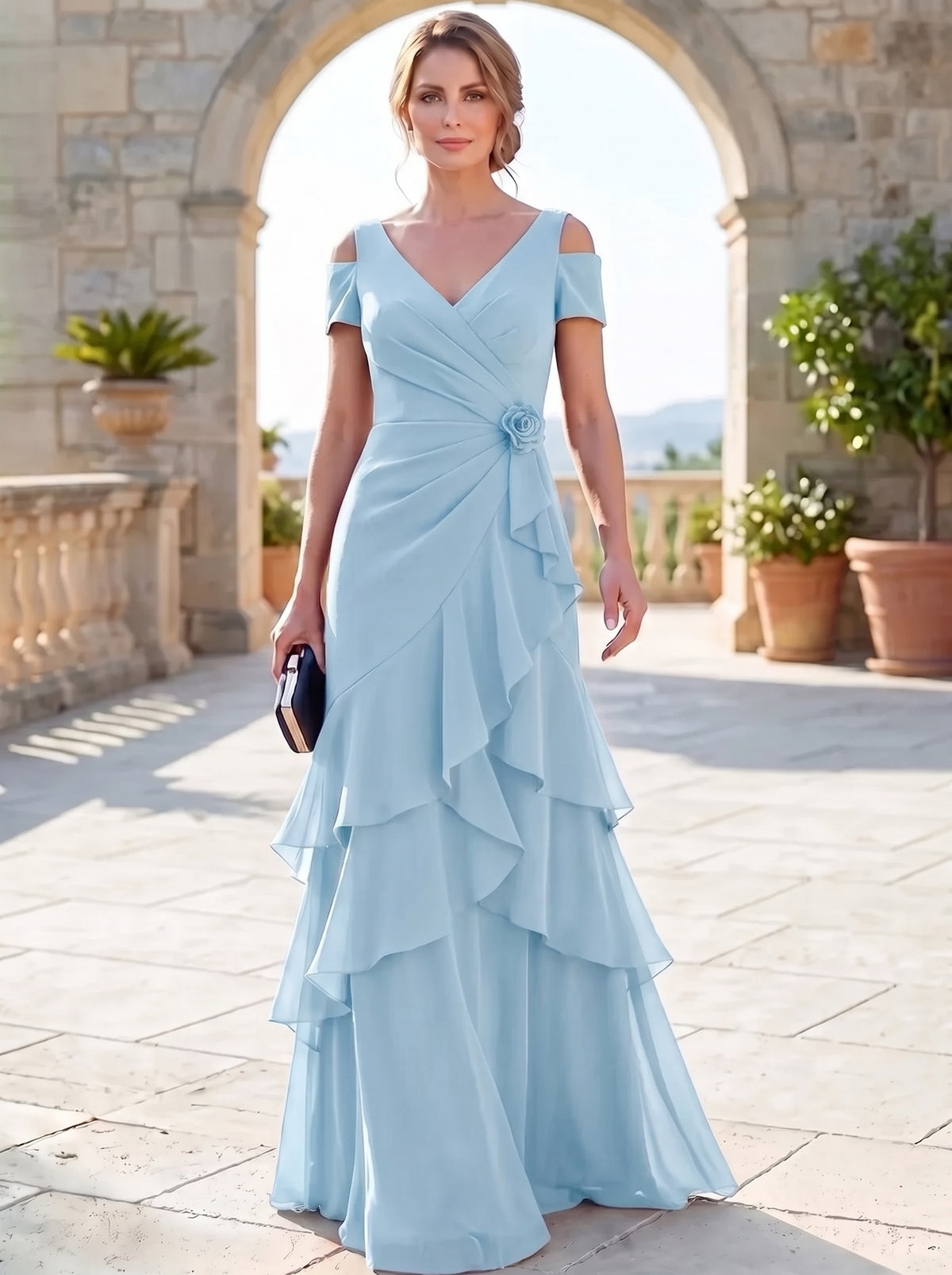 A-Line Mother Of The Bride Dresses Elegant Chiffon Floor-Length Short Sleeves V-Neck Off-The-Shoulder Tiered Ruffles Ruched 3D Flower Zipper