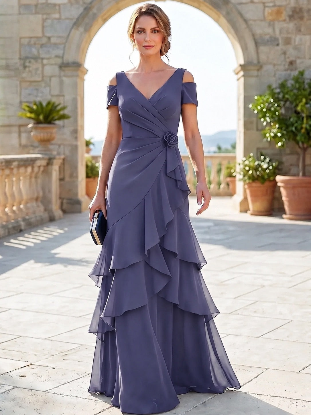 A-Line Mother Of The Bride Dresses Elegant Chiffon Floor-Length Short Sleeves V-Neck Off-The-Shoulder Tiered Ruffles Ruched 3D Flower Zipper