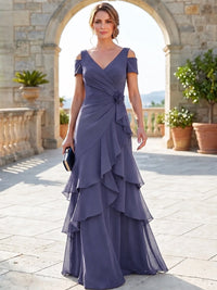 A-Line Mother Of The Bride Dresses Elegant Chiffon Floor-Length Short Sleeves V-Neck Off-The-Shoulder Tiered Ruffles Ruched 3D Flower Zipper