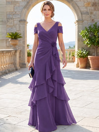 A-Line Mother Of The Bride Dresses Elegant Chiffon Floor-Length Short Sleeves V-Neck Off-The-Shoulder Tiered Ruffles Ruched 3D Flower Zipper