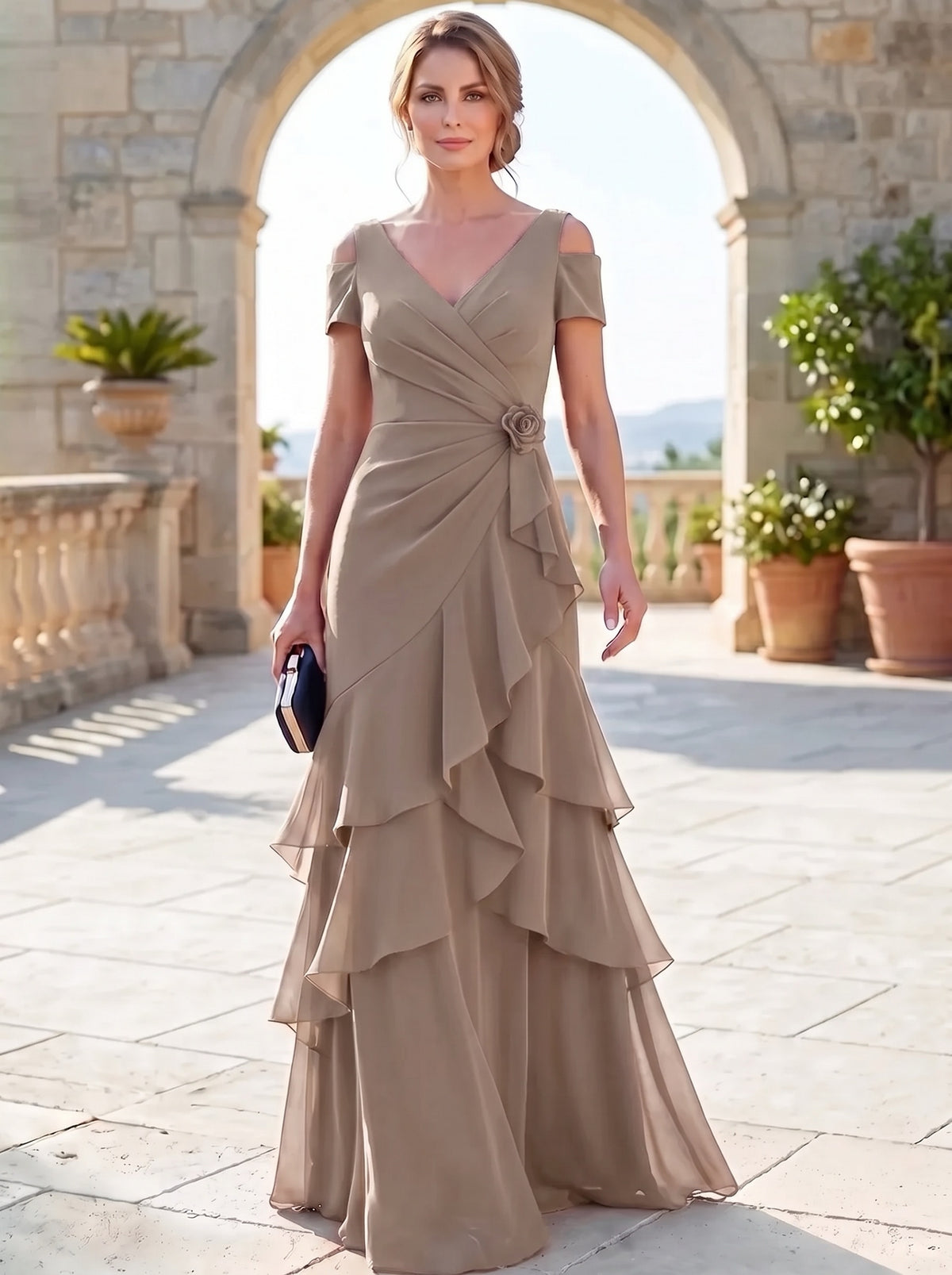 A-Line Mother Of The Bride Dresses Elegant Chiffon Floor-Length Short Sleeves V-Neck Off-The-Shoulder Tiered Ruffles Ruched 3D Flower Zipper