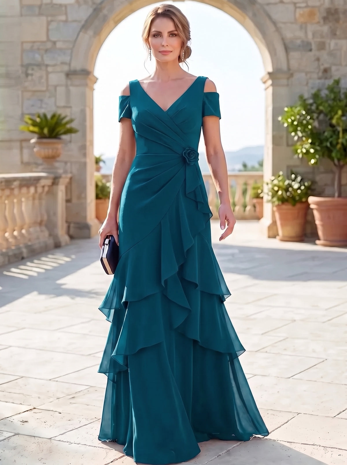 A-Line Mother Of The Bride Dresses Elegant Chiffon Floor-Length Short Sleeves V-Neck Off-The-Shoulder Tiered Ruffles Ruched 3D Flower Zipper