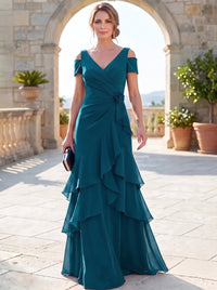 A-Line Mother Of The Bride Dresses Elegant Chiffon Floor-Length Short Sleeves V-Neck Off-The-Shoulder Tiered Ruffles Ruched 3D Flower Zipper