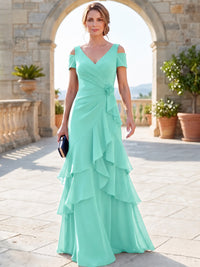 A-Line Mother Of The Bride Dresses Elegant Chiffon Floor-Length Short Sleeves V-Neck Off-The-Shoulder Tiered Ruffles Ruched 3D Flower Zipper