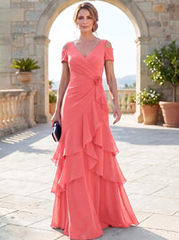 A-Line Mother Of The Bride Dresses Elegant Chiffon Floor-Length Short Sleeves V-Neck Off-The-Shoulder Tiered Ruffles Ruched 3D Flower Zipper