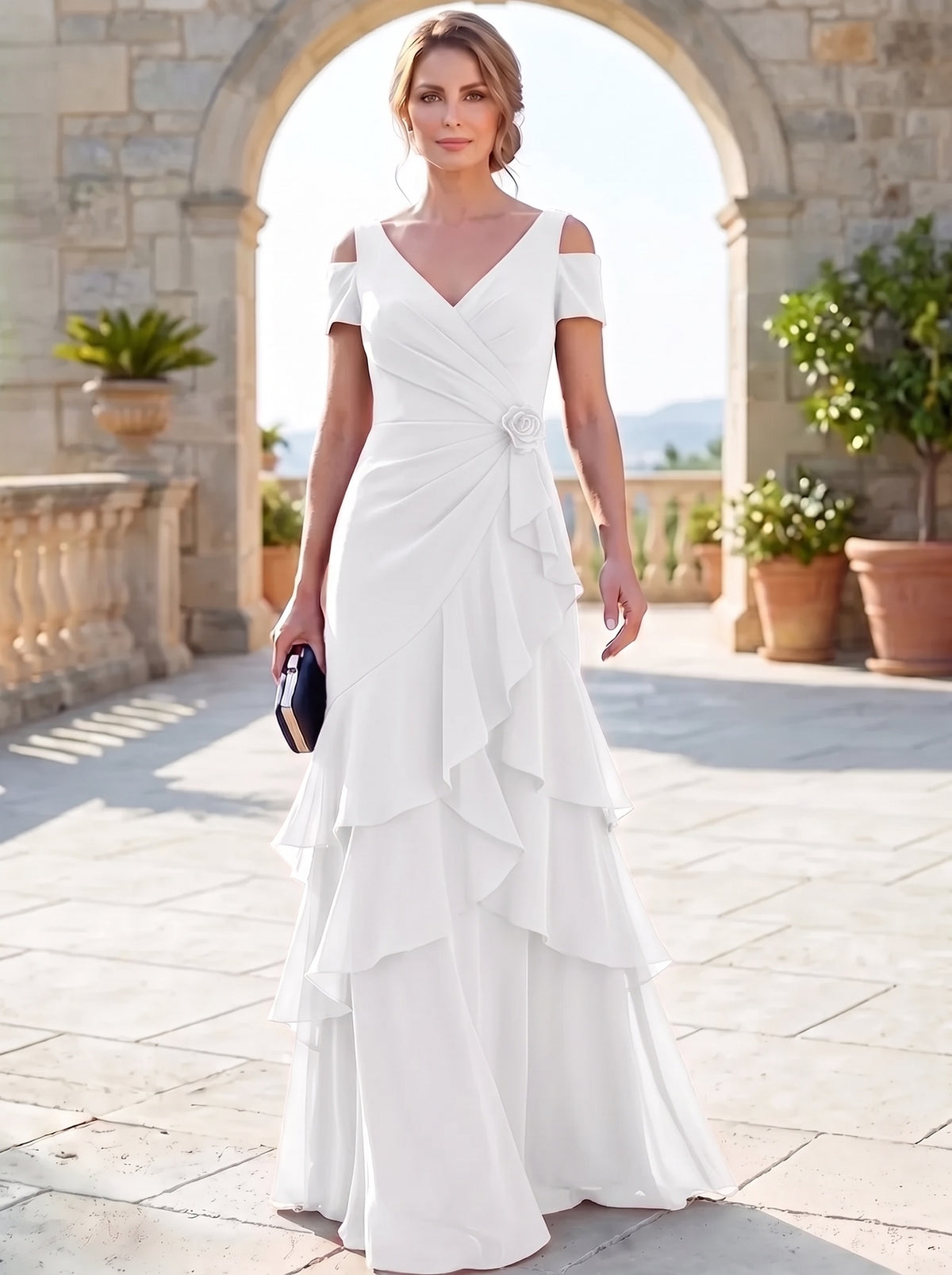 A-Line Mother Of The Bride Dresses Elegant Chiffon Floor-Length Short Sleeves V-Neck Off-The-Shoulder Tiered Ruffles Ruched 3D Flower Zipper