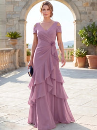 A-Line Mother Of The Bride Dresses Elegant Chiffon Floor-Length Short Sleeves V-Neck Off-The-Shoulder Tiered Ruffles Ruched 3D Flower Zipper