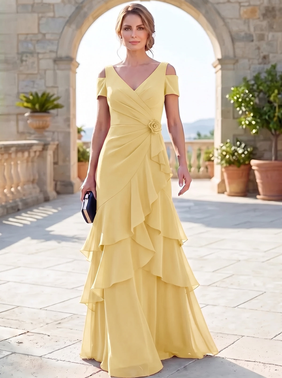 A-Line Mother Of The Bride Dresses Elegant Chiffon Floor-Length Short Sleeves V-Neck Off-The-Shoulder Tiered Ruffles Ruched 3D Flower Zipper