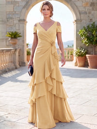 A-Line Mother Of The Bride Dresses Elegant Chiffon Floor-Length Short Sleeves V-Neck Off-The-Shoulder Tiered Ruffles Ruched 3D Flower Zipper