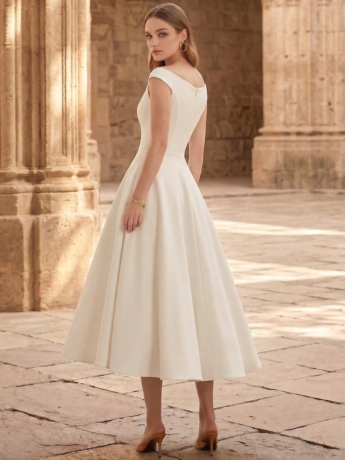 Nafori White A-Line/Princess Cocktail White Dresses Formal Dresses Off-The-Shoulder Corset Sleeveless Tea-Length Stretch Crepe Cocktail Dress With
