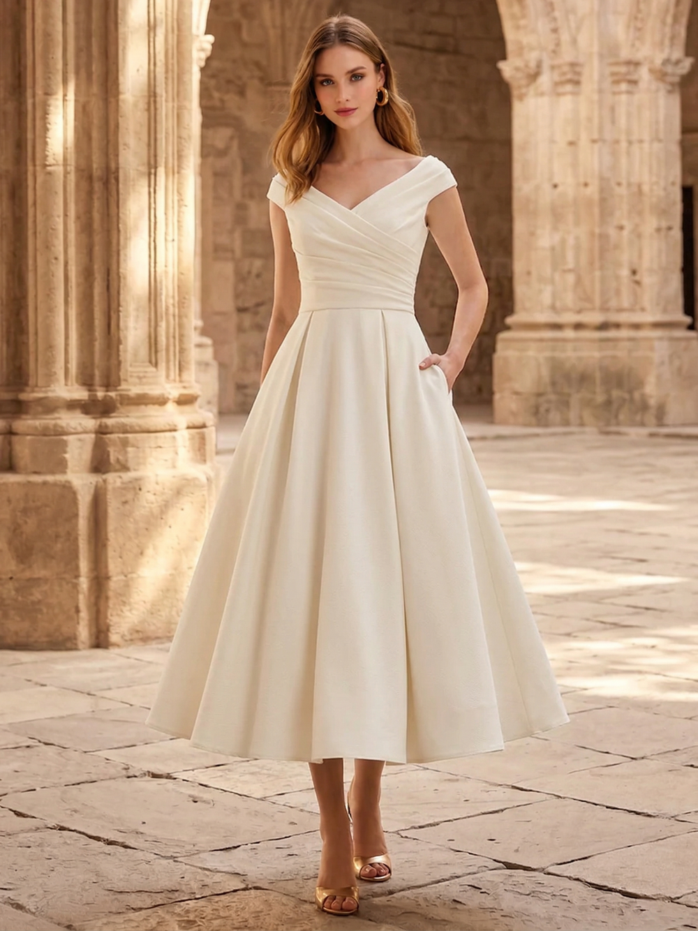 A-Line/Princess Cocktail White Dresses Formal Dresses Off-The-Shoulder Corset Sleeveless Tea-Length Stretch Crepe Cocktail Dress With Ruched
