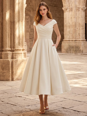 A-Line/Princess Cocktail White Dresses Formal Dresses Off-The-Shoulder Corset Sleeveless Tea-Length Stretch Crepe Cocktail Dress With Ruched