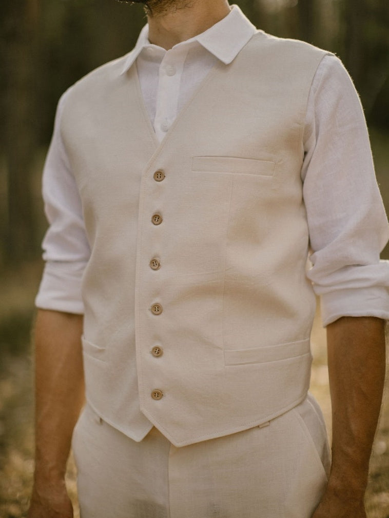 Men's Tailored Linen Suits Slim Fit 3 Piece Set Single Breasted Party Wear Vest Pants Shirt Set