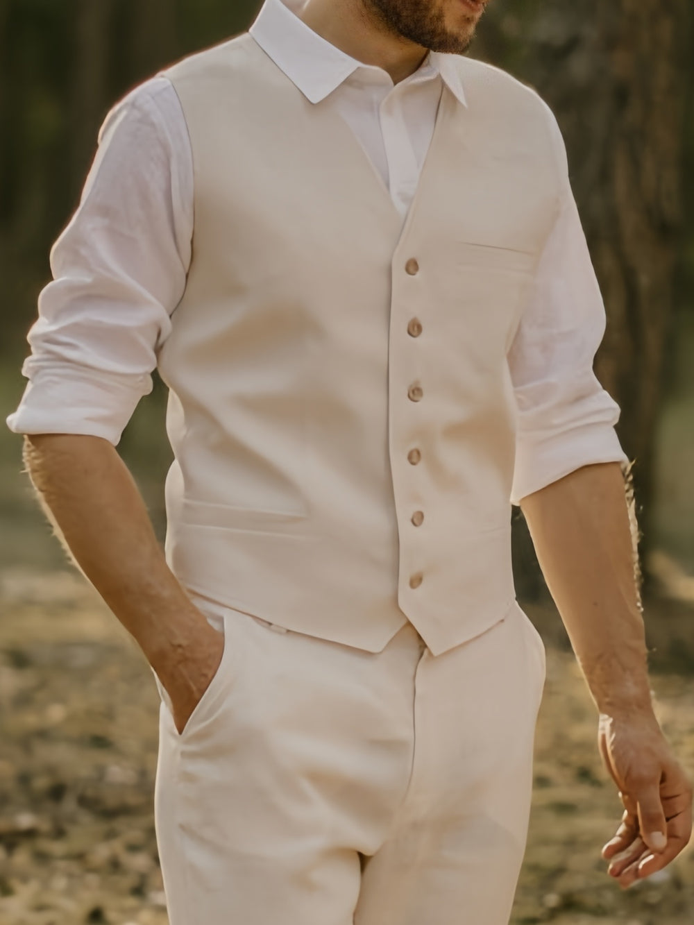 Men's Tailored Linen Suits Slim Fit 3 Piece Set Single Breasted Party Wear Vest Pants Shirt Set