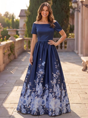A-Line Mother Of The Bride Floral Printed Satin Formal Dress Off-The-Shoulder Short Sleeves Floor-Length Wedding Guest