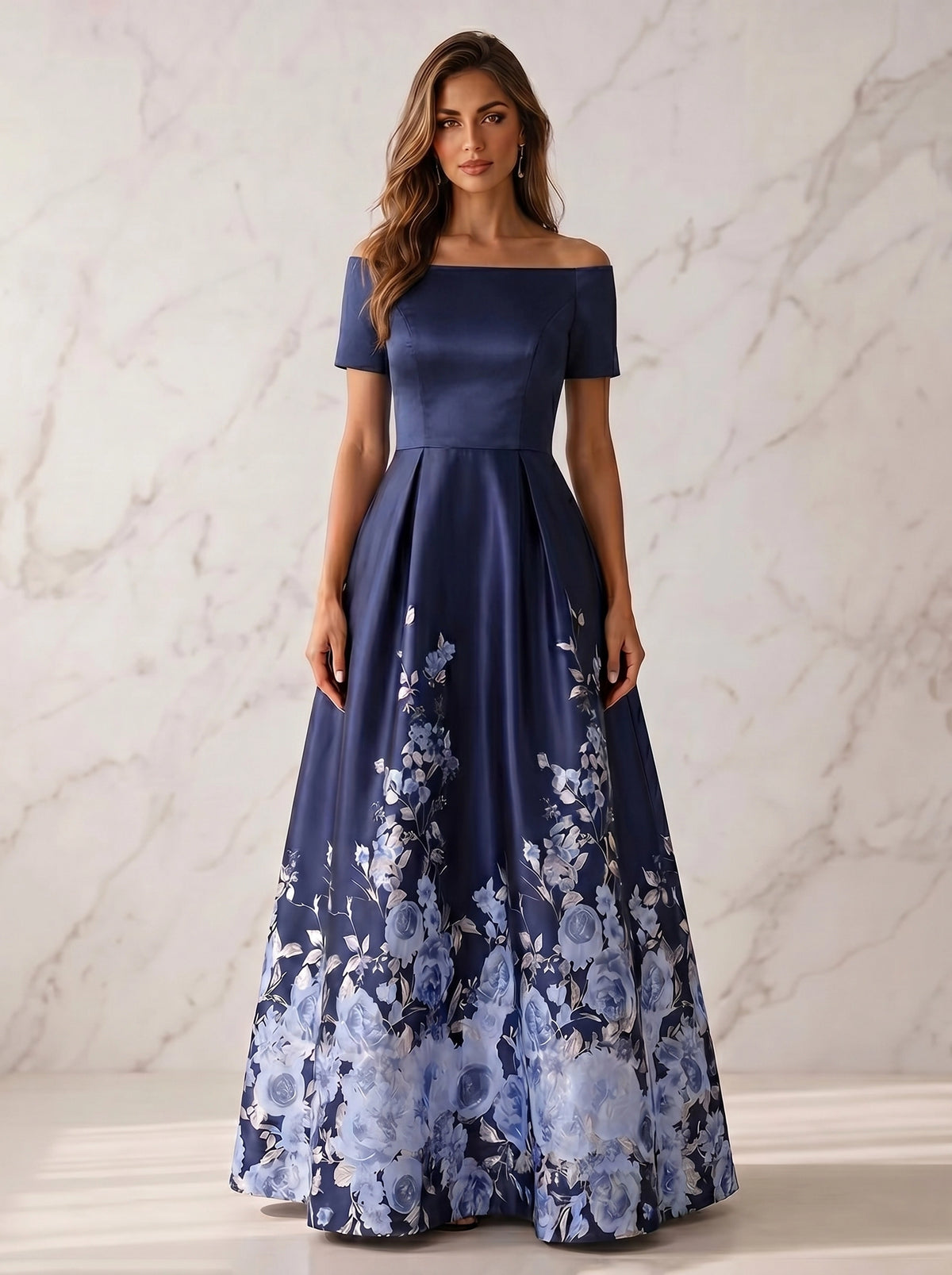 A-Line Mother Of The Bride Floral Printed Satin Formal Dress Off-The-Shoulder Short Sleeves Floor-Length Wedding Guest