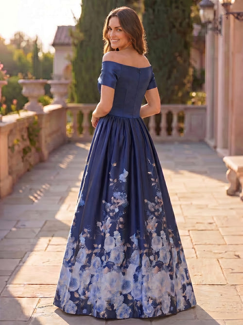 A-Line Mother Of The Bride Floral Printed Satin Formal Dress Off-The-Shoulder Short Sleeves Floor-Length Wedding Guest