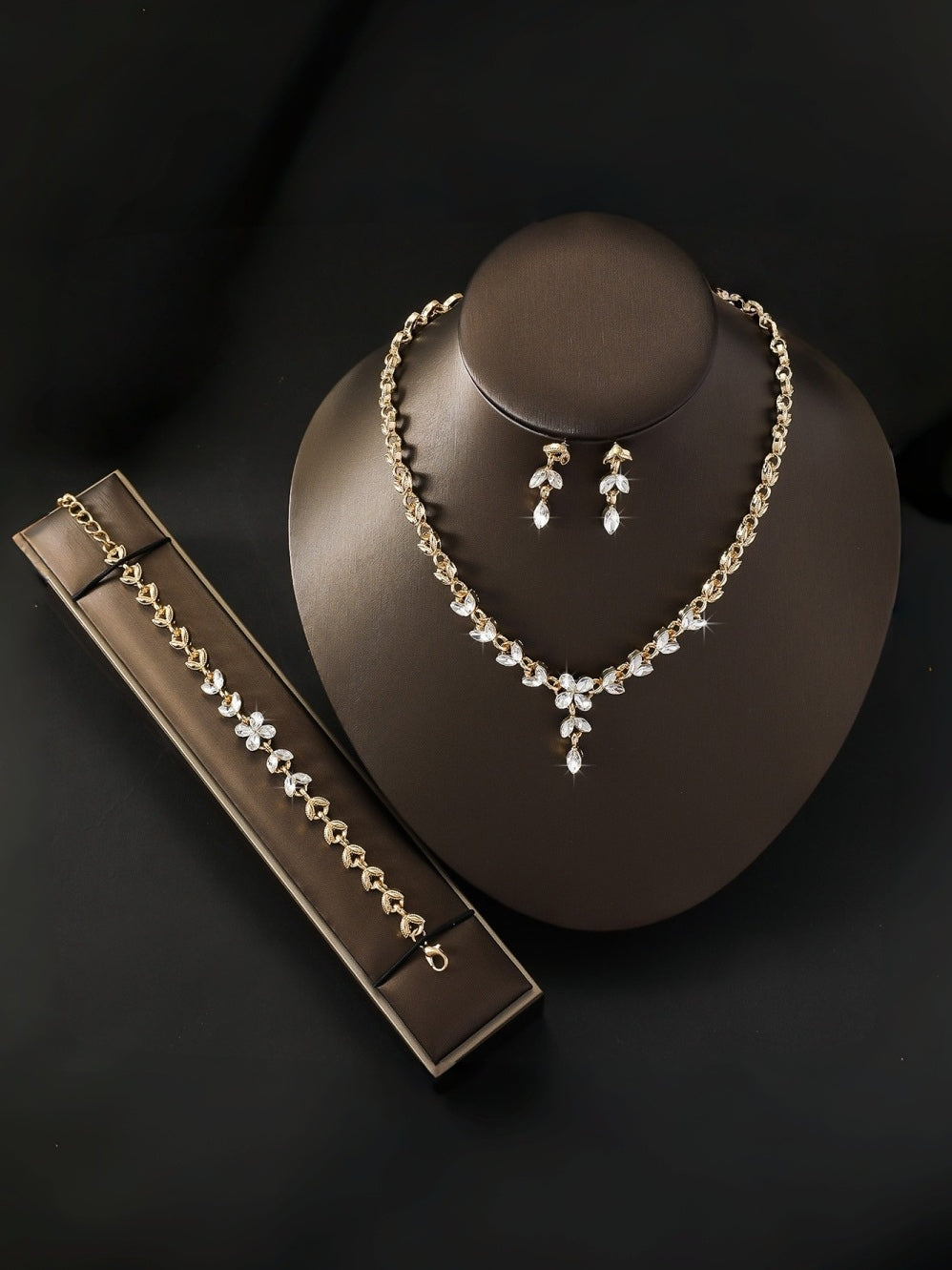 Gold Wedding 3-Piece Set Sparkly Jewelry For Bride & Bridesmaid Prom Gala