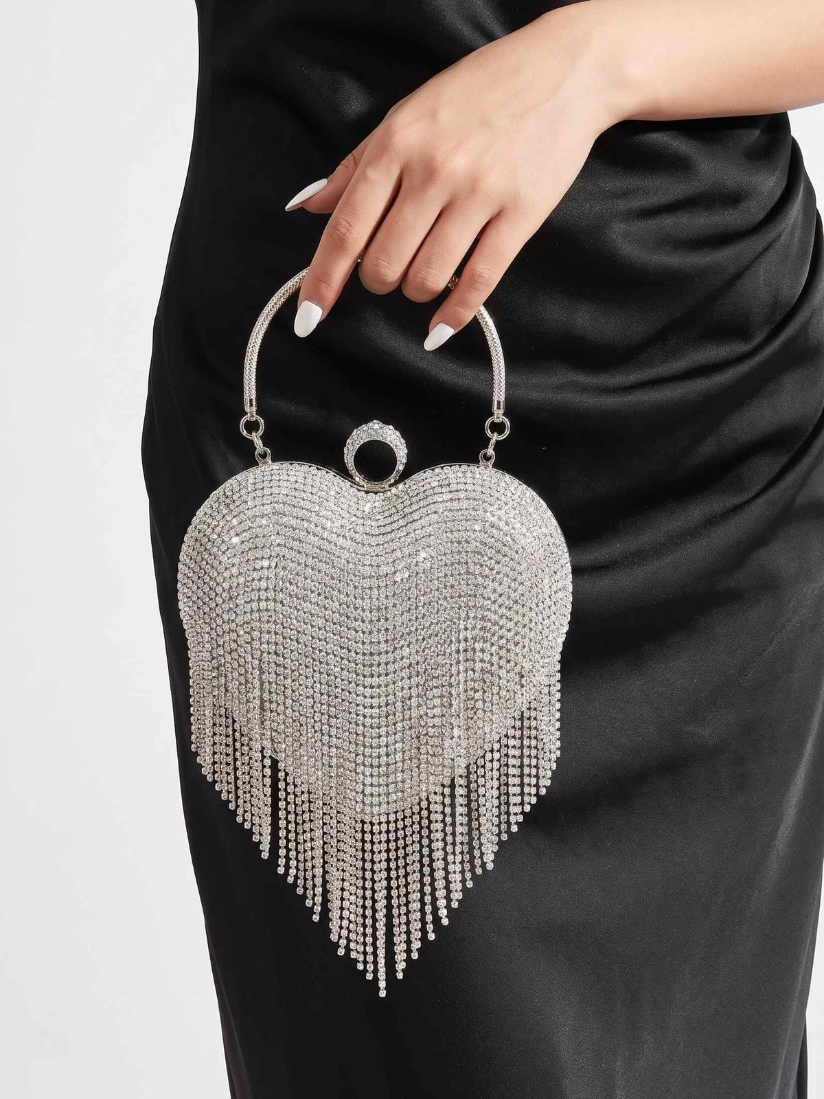 Silver Heart Shaped Rhinestone Clutch Purse Sparkly Crystal Fringe Tassel Evening Bag With Ring Clasp Top Handle