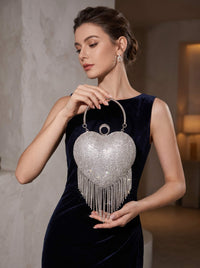Silver Heart Shaped Rhinestone Clutch Purse Sparkly Crystal Fringe Tassel Evening Bag With Ring Clasp Top Handle
