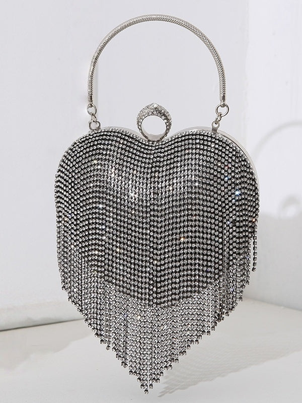 Silver Heart Shaped Rhinestone Clutch Purse Sparkly Crystal Fringe Tassel Evening Bag With Ring Clasp Top Handle