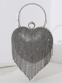 Silver Heart Shaped Rhinestone Clutch Purse Sparkly Crystal Fringe Tassel Evening Bag With Ring Clasp Top Handle