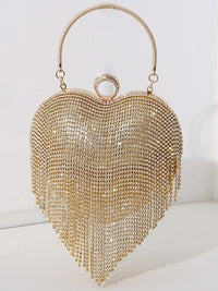 Silver Heart Shaped Rhinestone Clutch Purse Sparkly Crystal Fringe Tassel Evening Bag With Ring Clasp Top Handle