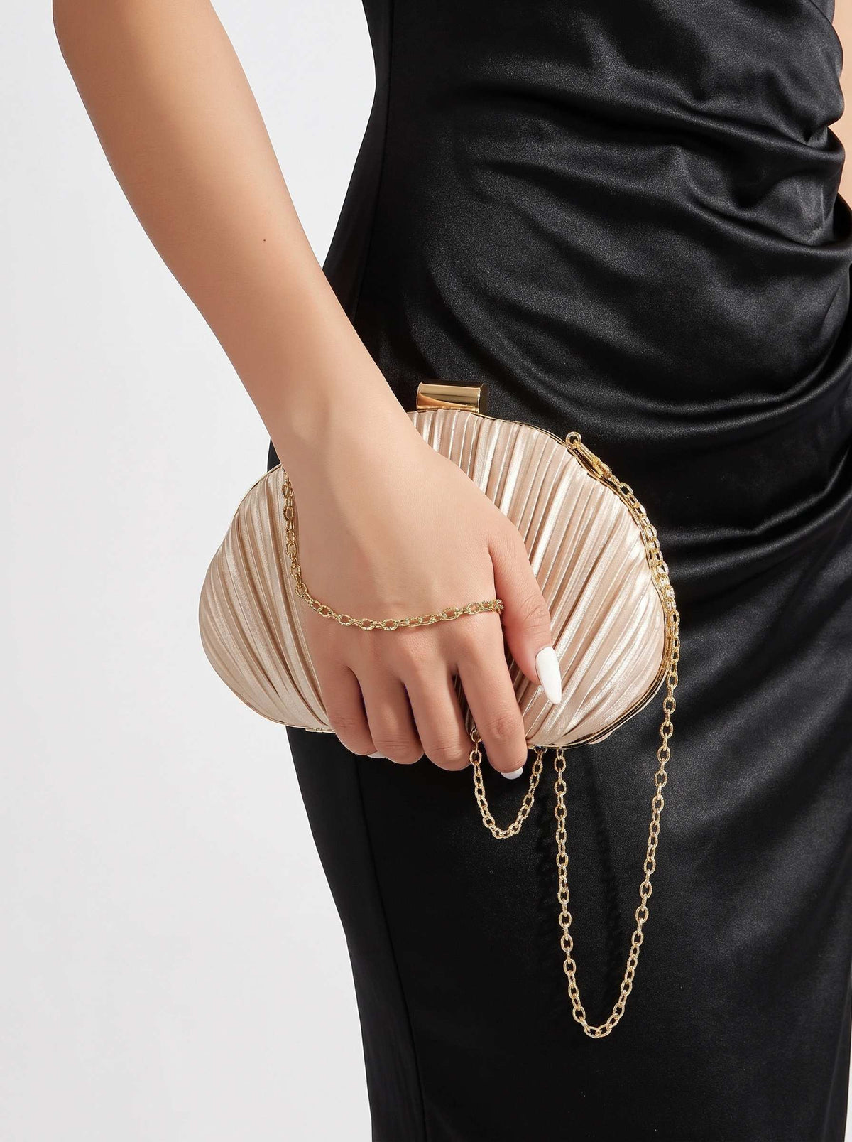 Champagne Handbag Pleated Satin Shell Evening Clutch With Chain