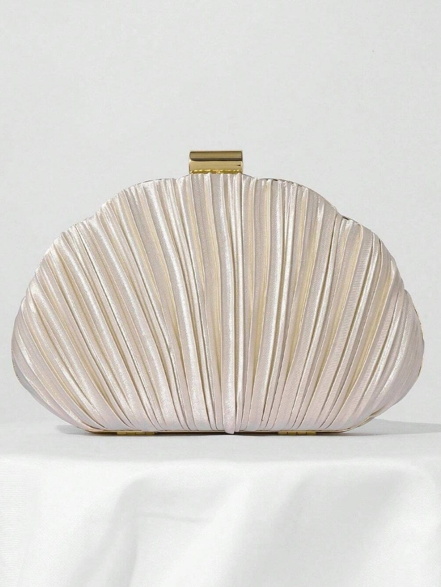 Champagne Handbag Pleated Satin Shell Evening Clutch With Chain