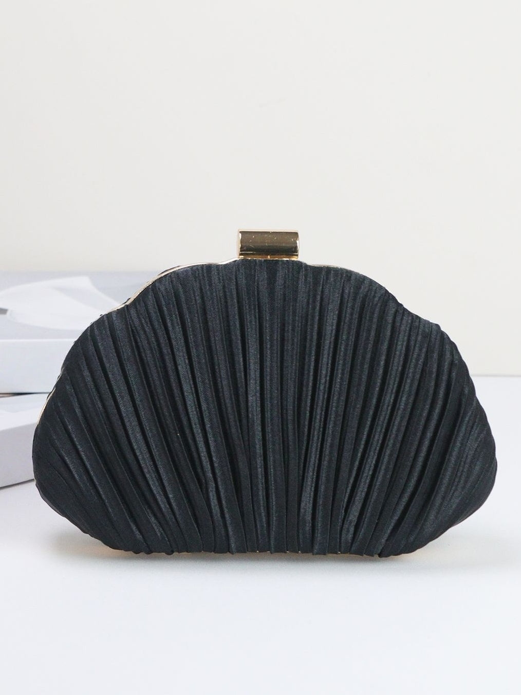 Champagne Handbag Pleated Satin Shell Evening Clutch With Chain