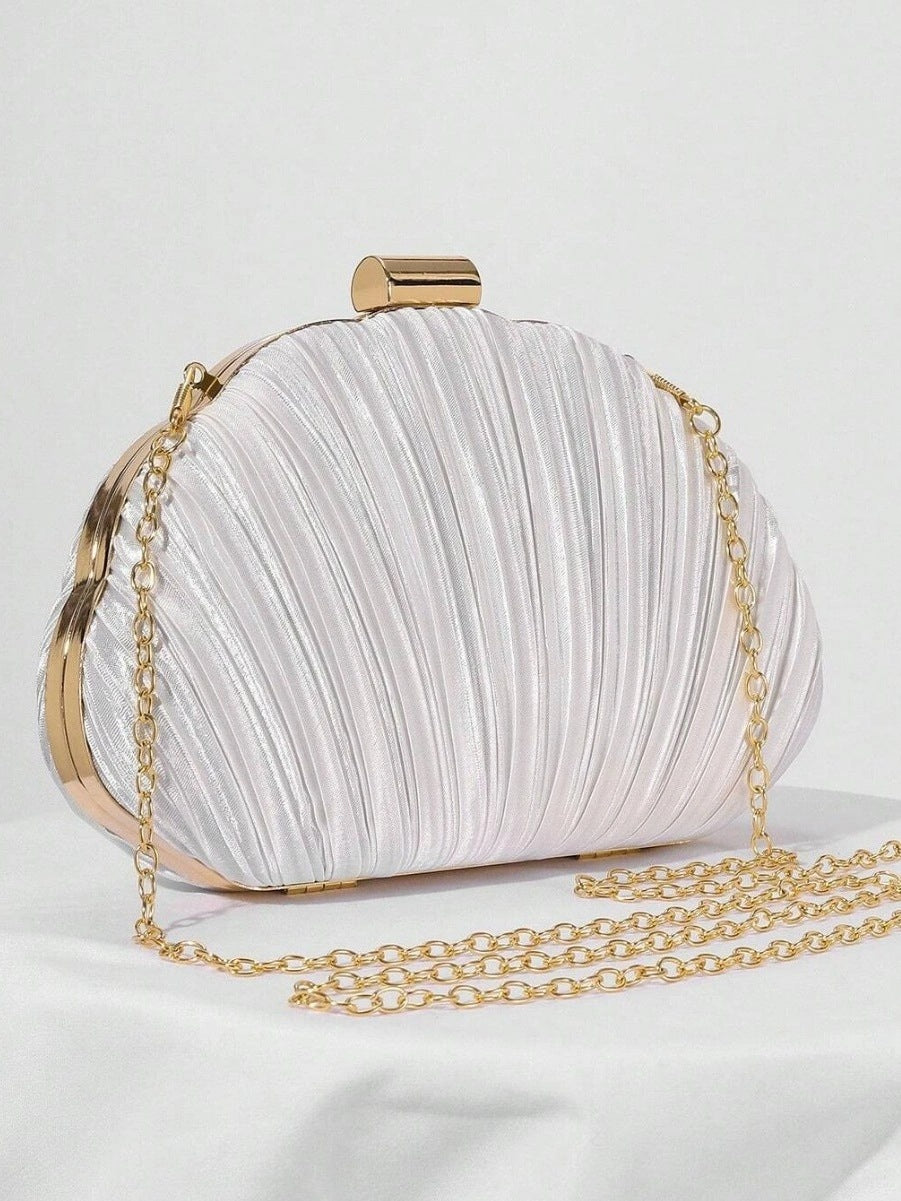 Champagne Handbag Pleated Satin Shell Evening Clutch With Chain