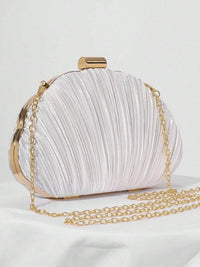 Champagne Handbag Pleated Satin Shell Evening Clutch With Chain