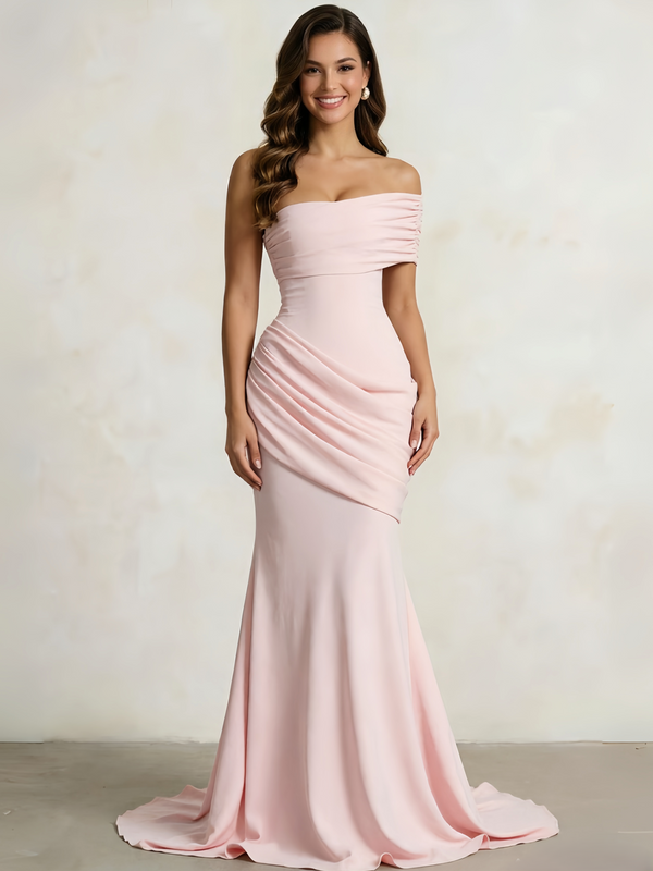 Mermaid Prom Dresses One Shoulder One Short Sleeve Floor-length Formal Dress With Asymmetric Draped Panel