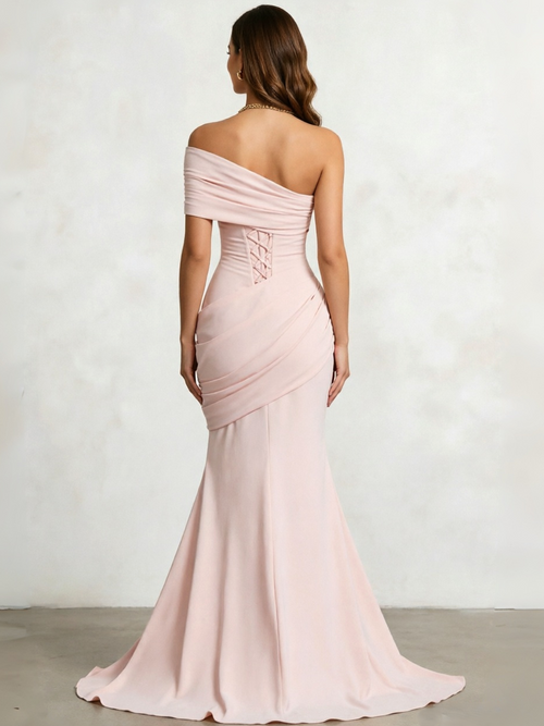 Mermaid Prom Dresses One Shoulder One Short Sleeve Floor-length Formal Dress With Asymmetric Draped Panel